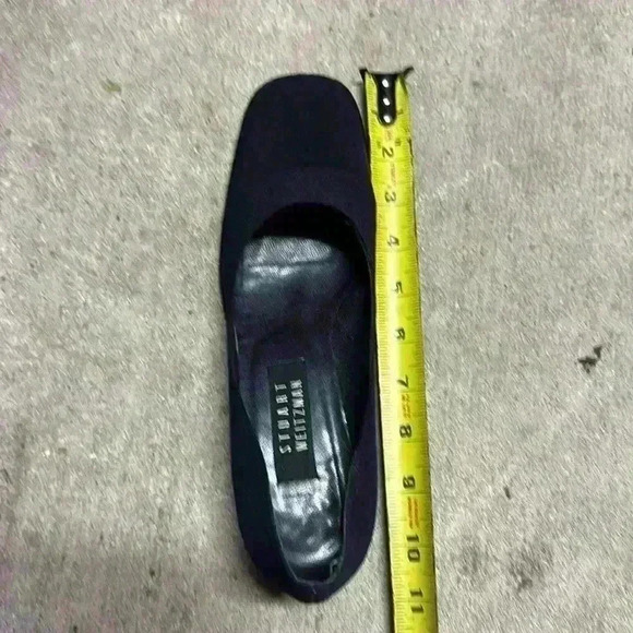 Vintage Stuart Weitzman navy blue cloth square toe black leather heel size 9N - Picture 11 of 11